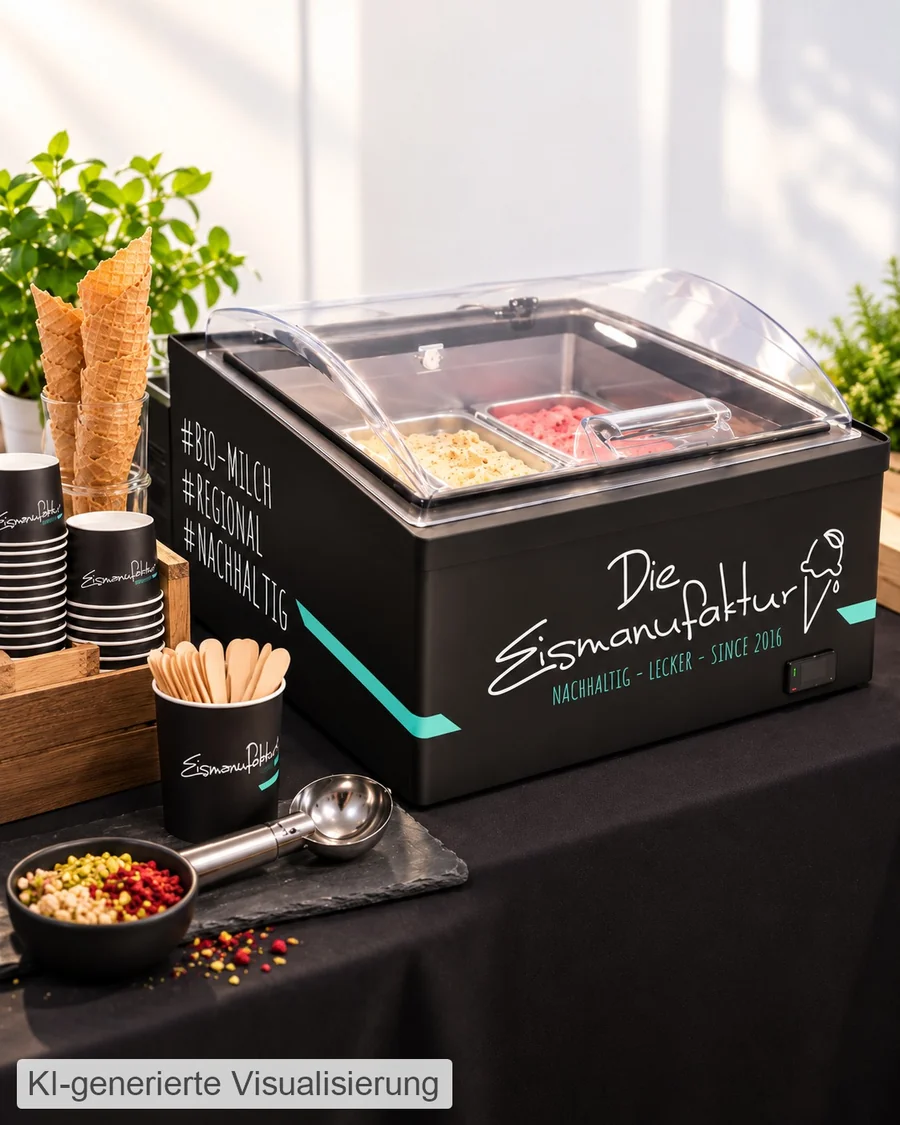 Tischeisvitrine mit Eis, Waffeln und Zubehör